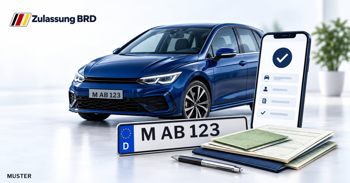 Online Fahrzeugzulassung in Garching b.München: Musterkennzeichen M AB 123, Auto und Fahrzeugpapiere und Smartphone. Illustration mit Logo von Zulassung BRD.